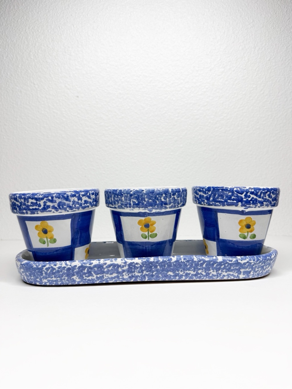 Vintage Himark Portugal Pottery Window Flower Pots Blue Checkered Sponge Painted
